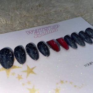 Reflective black almond medium length red bottom glitter valentines cute presson